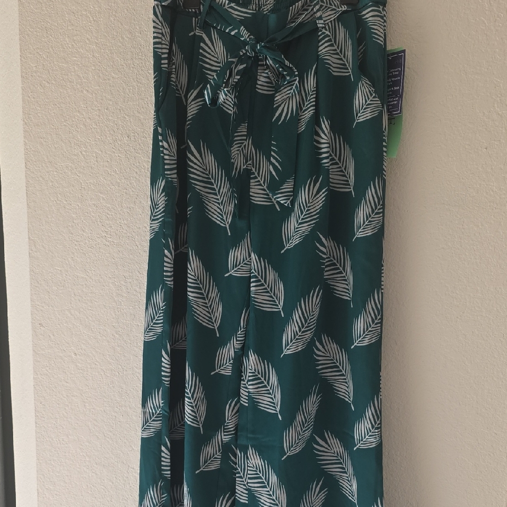 Teal Leaf Print Wide-Leg Pants
